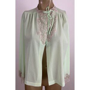Vintage Van Raalte Women's M Light Green Bed Jacket Nylon Lace Trim Tie Close